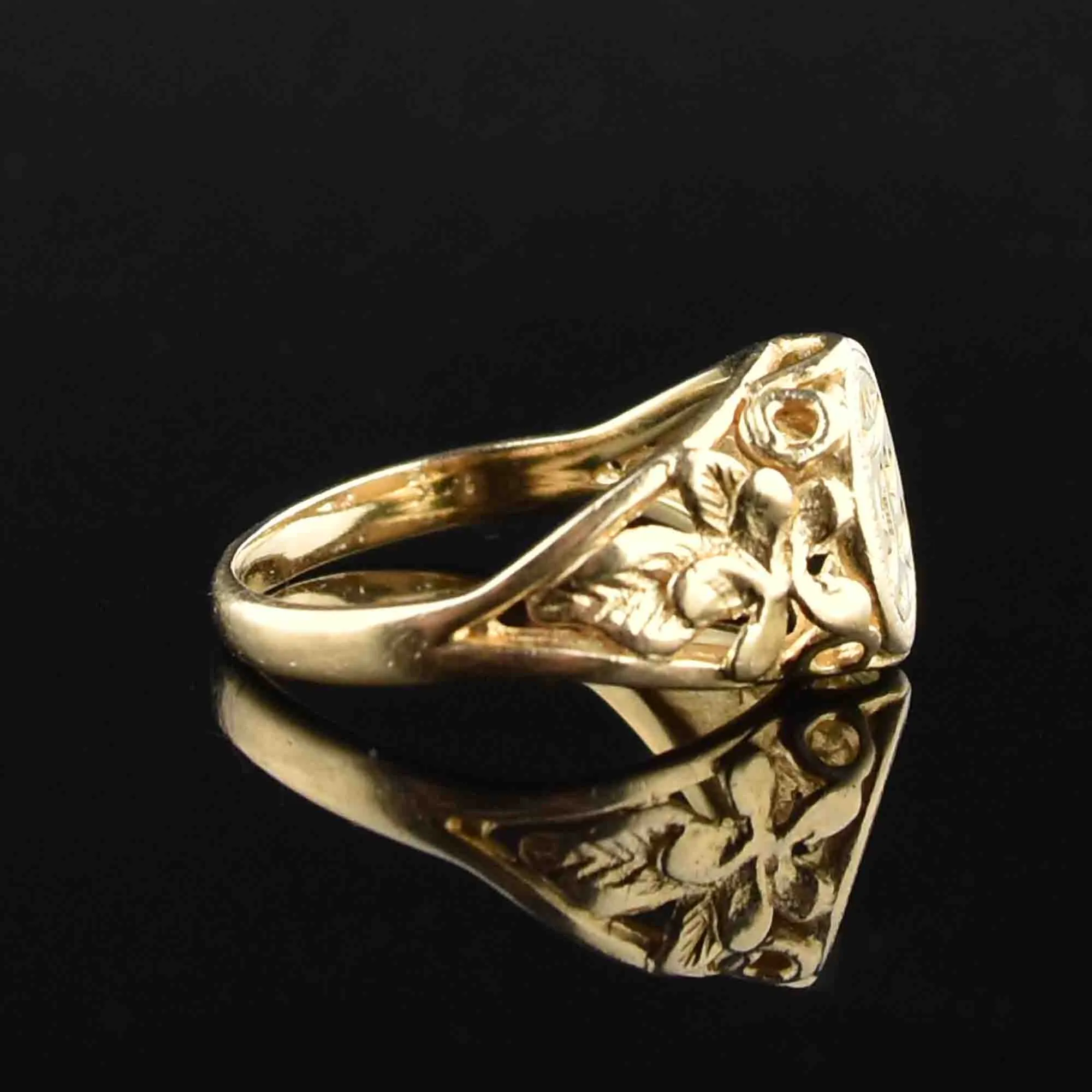 14K Gold Initial Forget Me Not Signet Ring