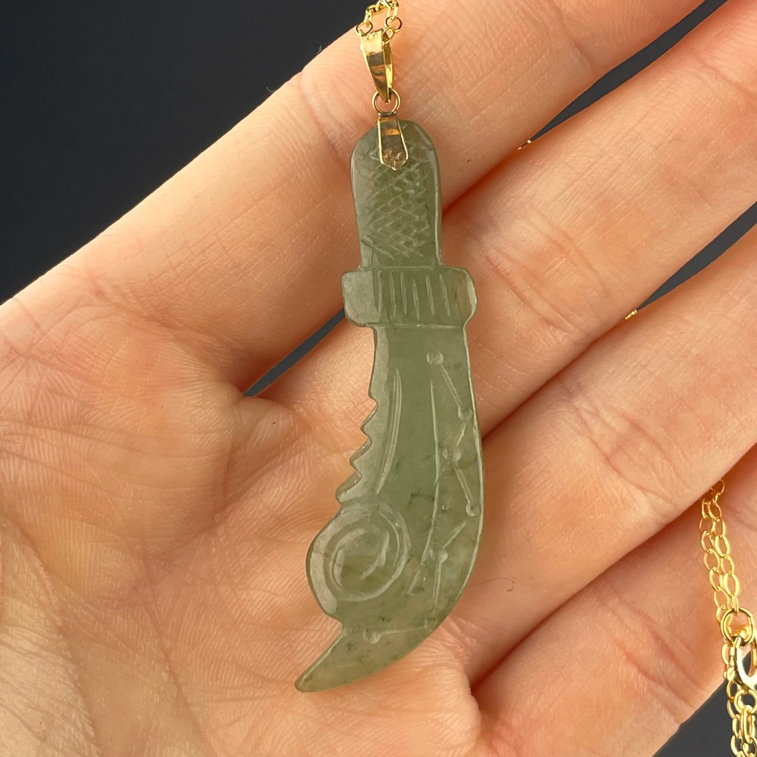 14K Gold Jade Broadsword Pendant Necklace