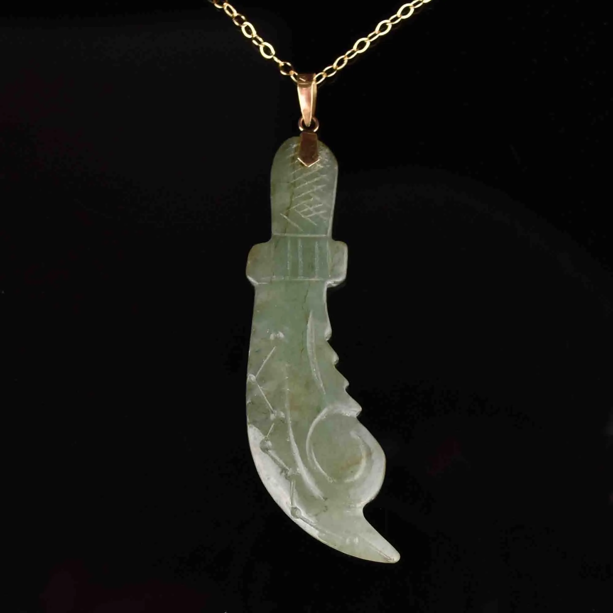 14K Gold Jade Broadsword Pendant Necklace