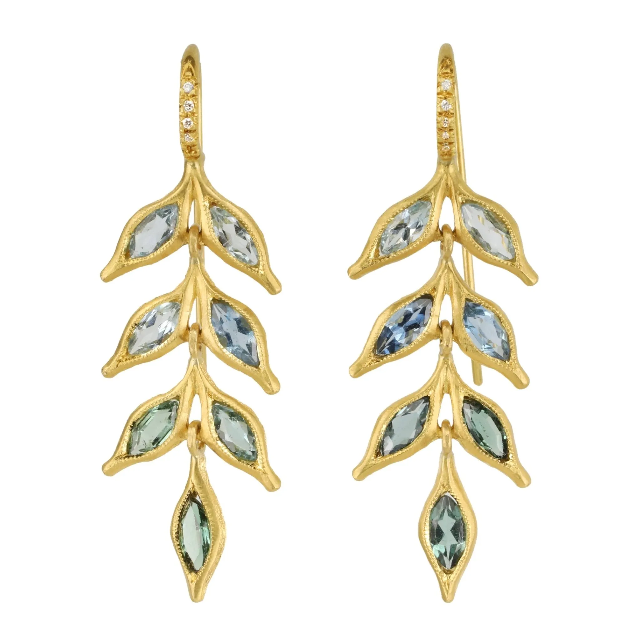 22K Gold Aqua and Tourmaline Falling Leaf Earrings with White Pave Diamonds