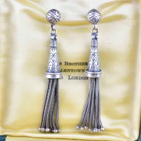 Antique Albertina Silver Tassel Fob Stud Drop Earrings