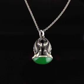 Antique Sterling Silver Green Chrysoprase Fob Pendant Necklace