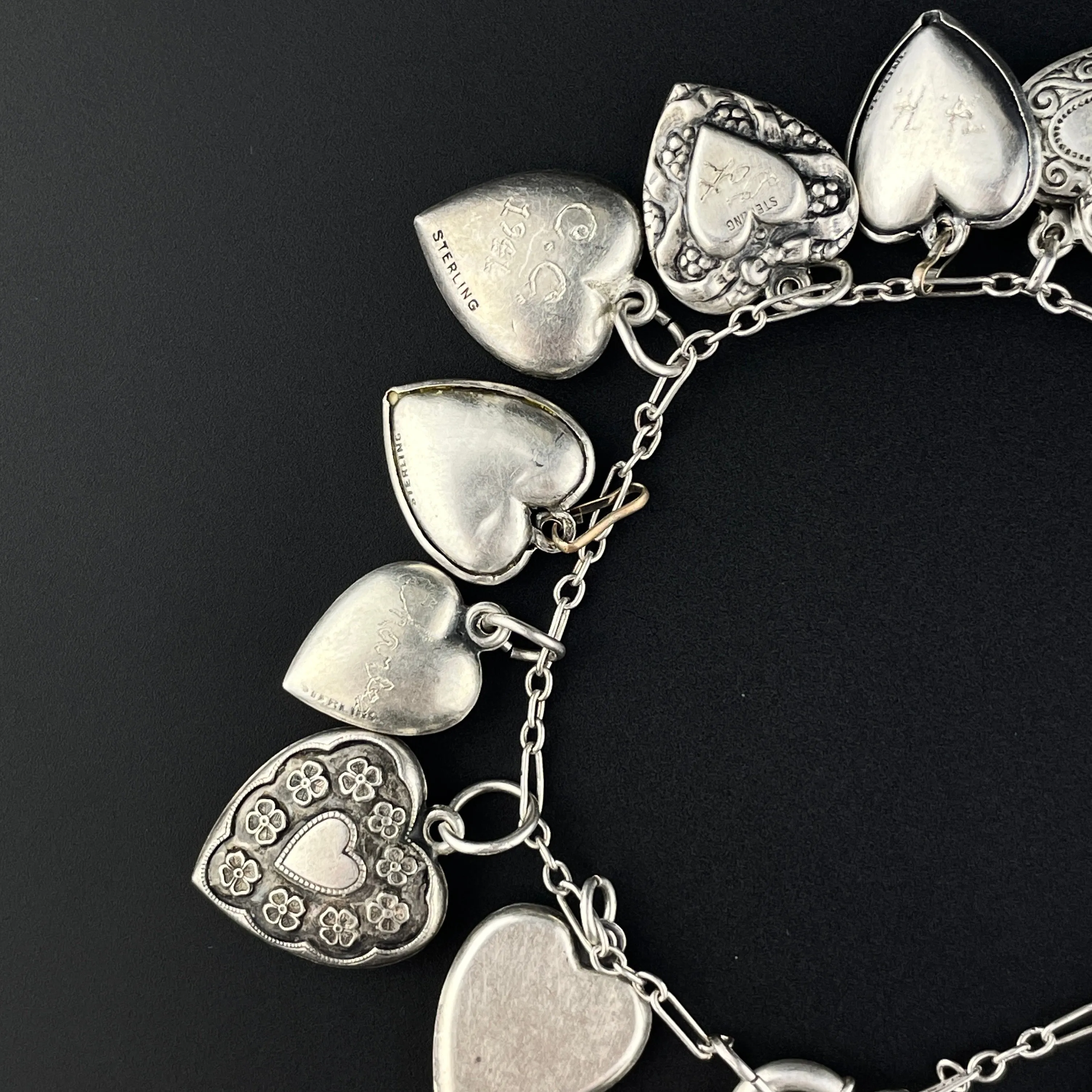 Art Deco Sterling Silver Puffy Heart Charm Bracelet