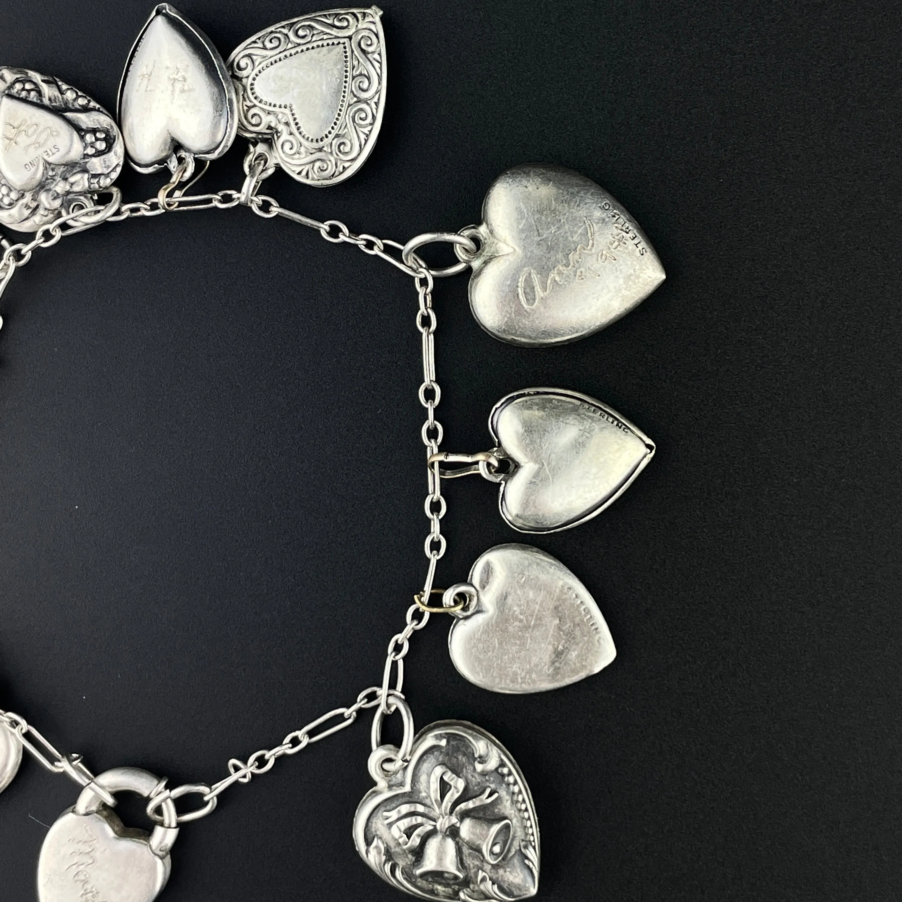 Art Deco Sterling Silver Puffy Heart Charm Bracelet