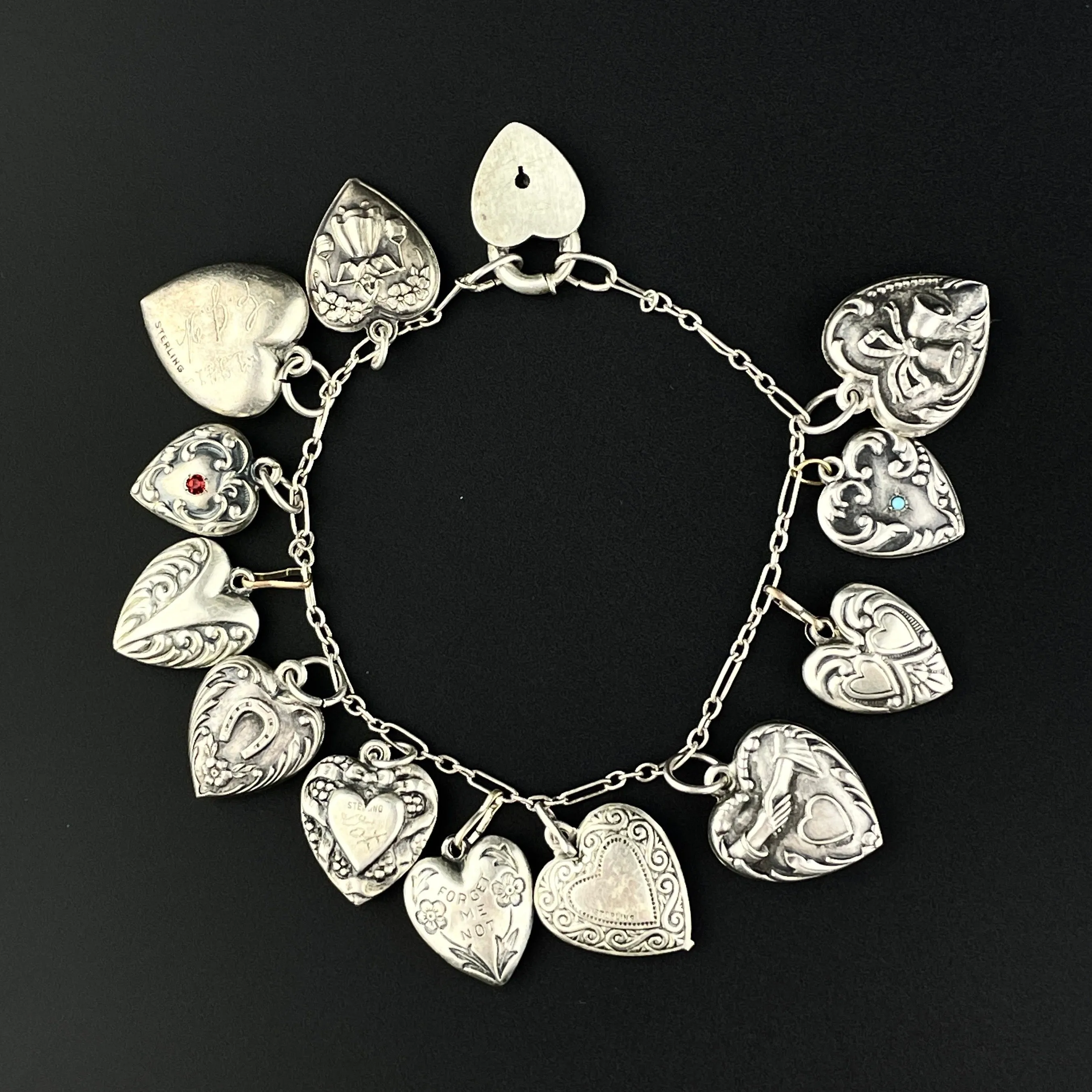 Art Deco Sterling Silver Puffy Heart Charm Bracelet