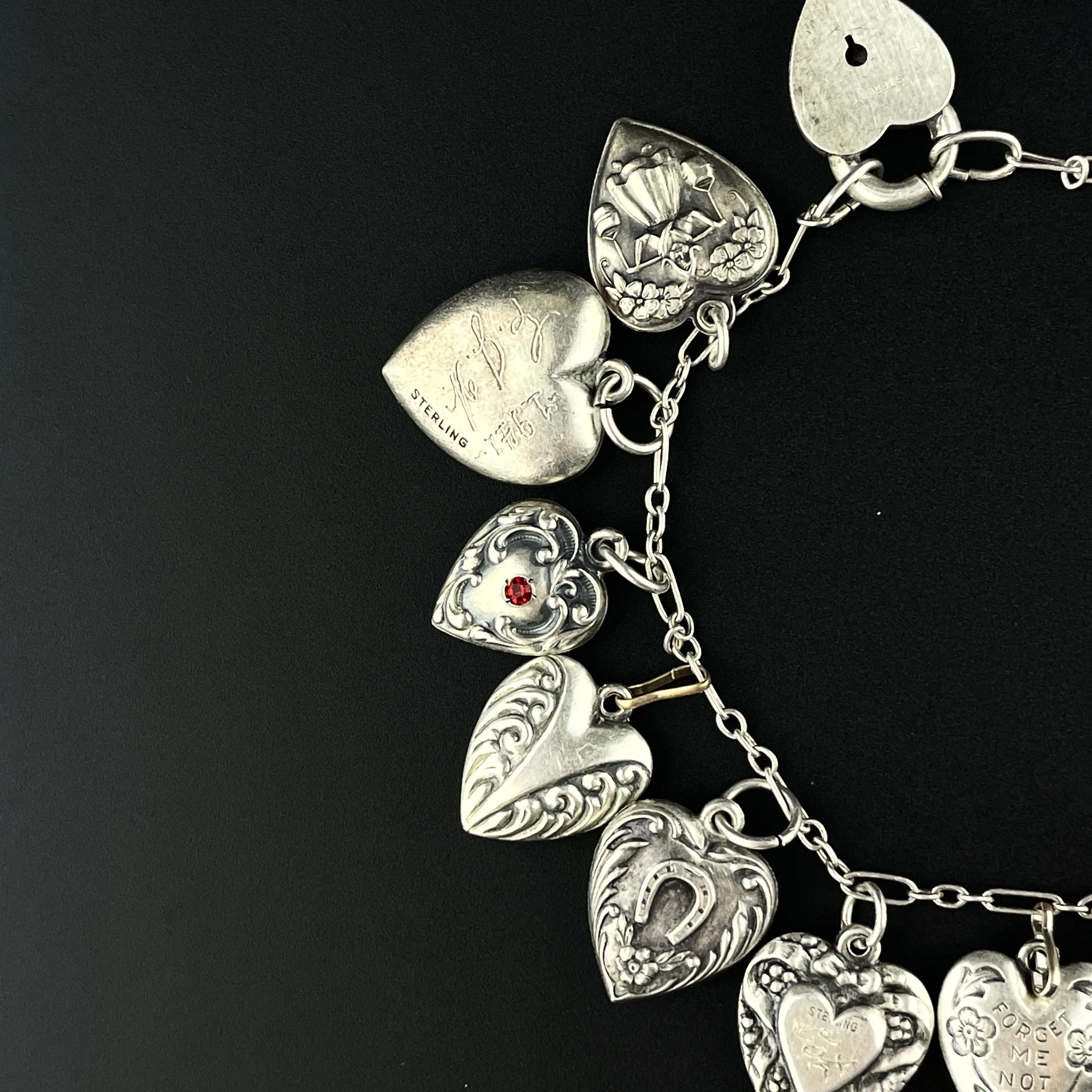 Art Deco Sterling Silver Puffy Heart Charm Bracelet