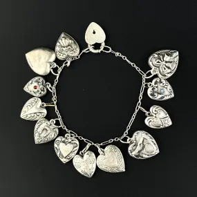 Art Deco Sterling Silver Puffy Heart Charm Bracelet