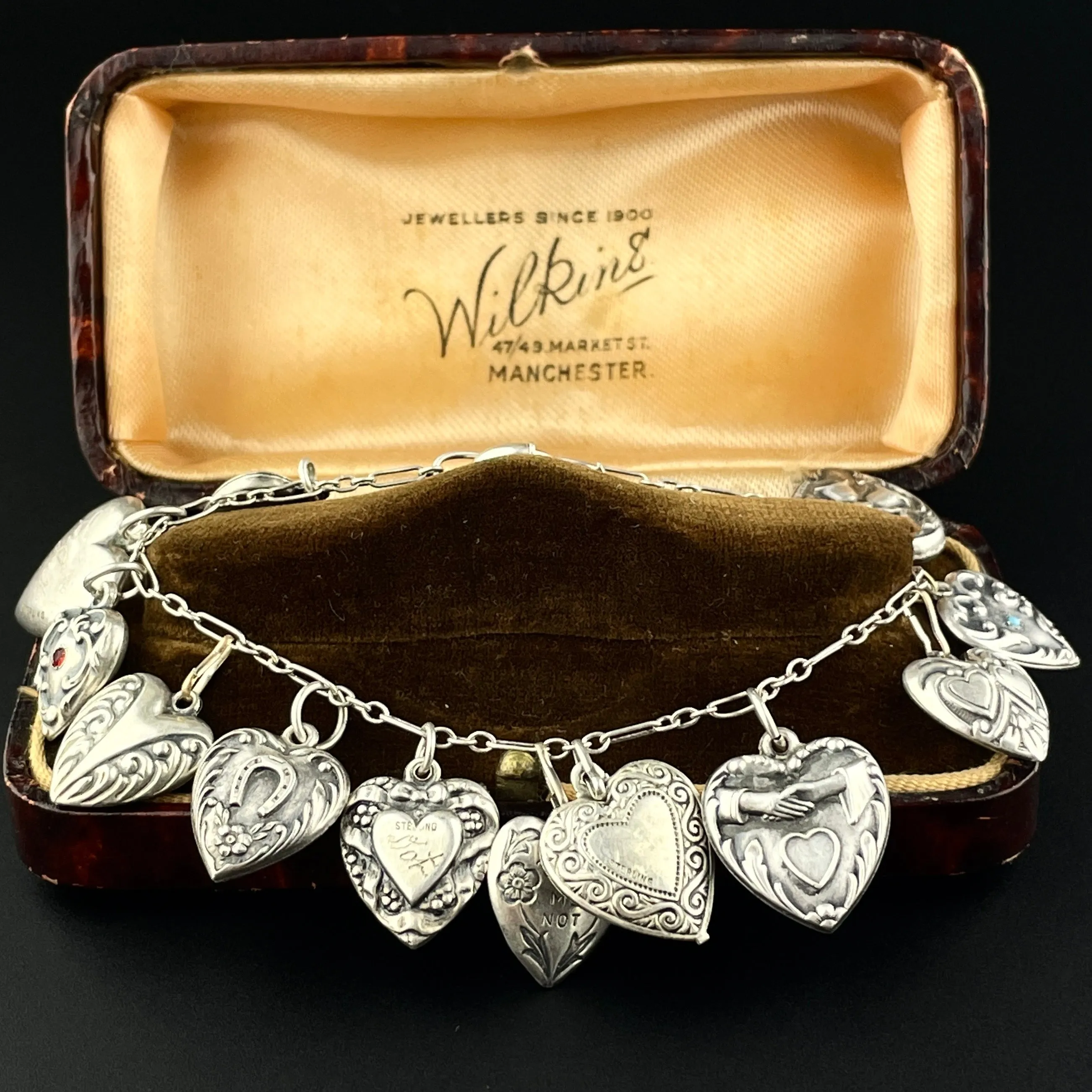 Art Deco Sterling Silver Puffy Heart Charm Bracelet