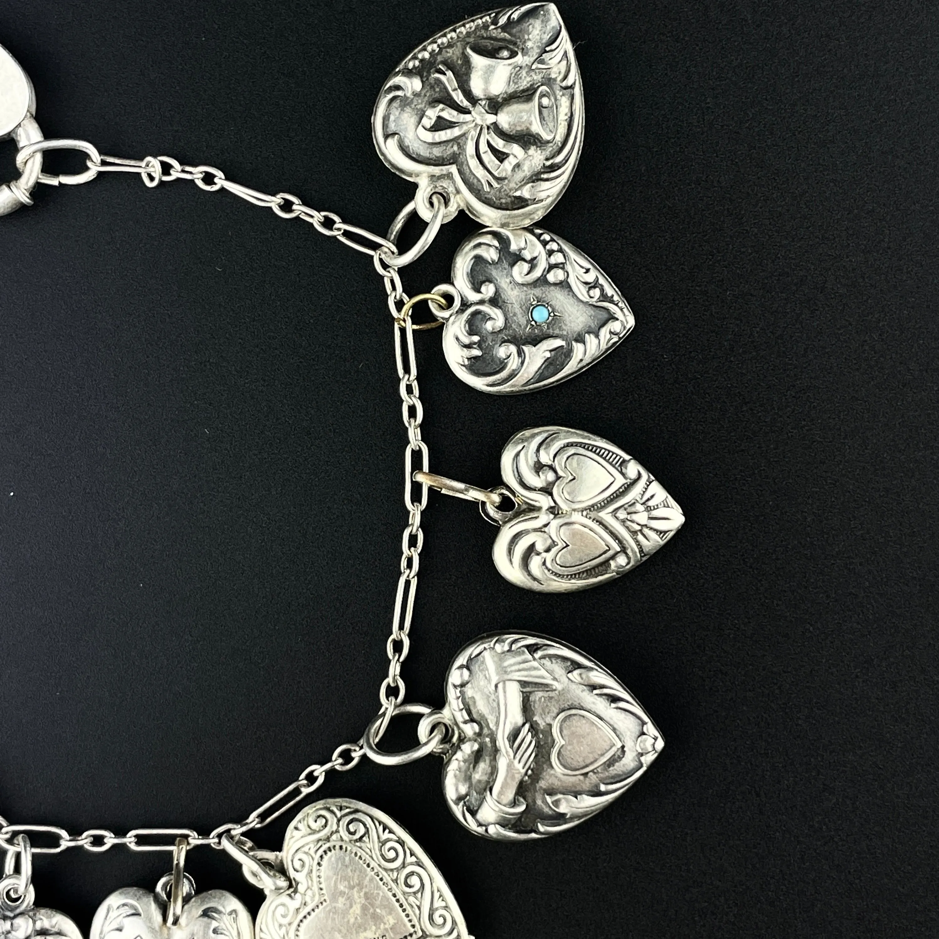 Art Deco Sterling Silver Puffy Heart Charm Bracelet