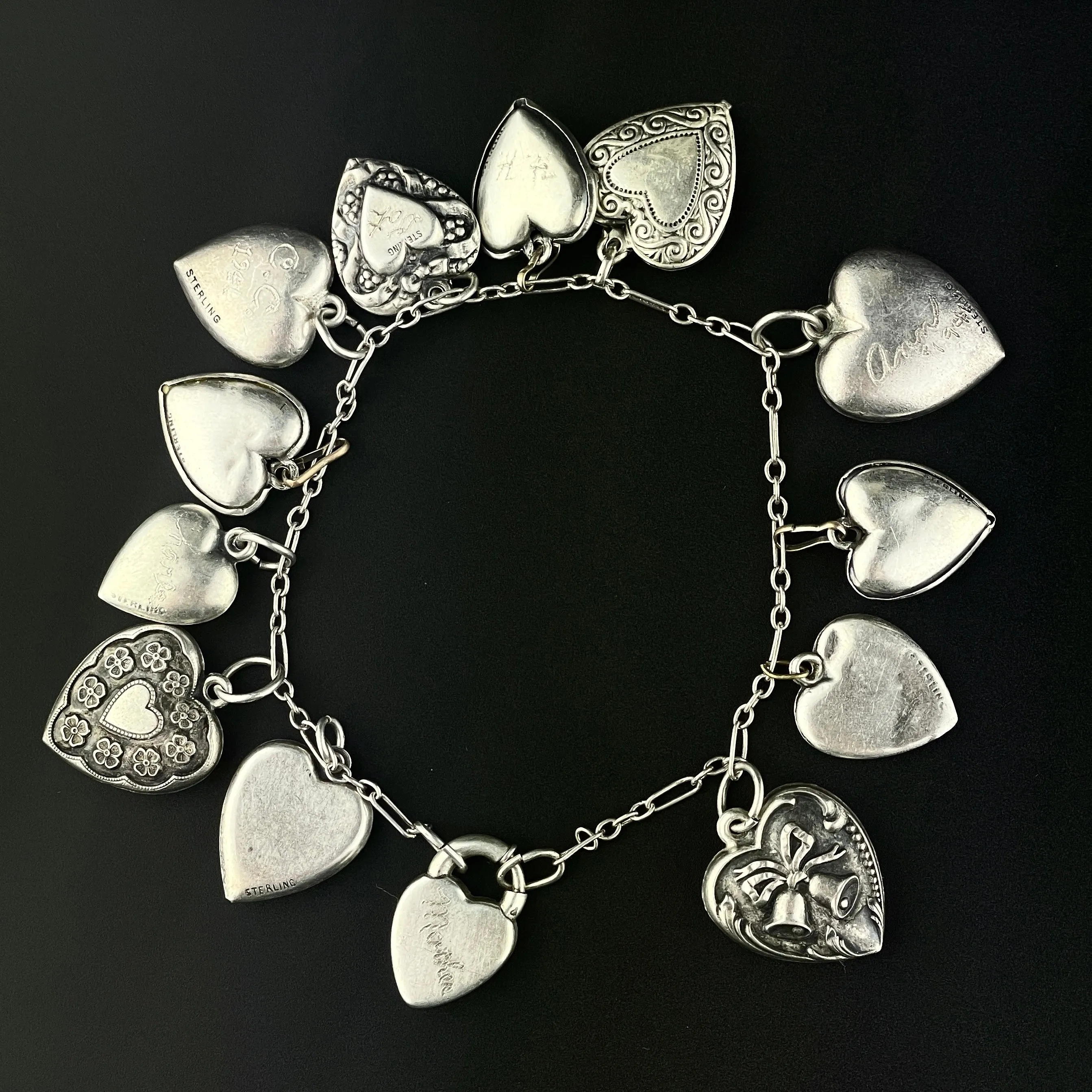 Art Deco Sterling Silver Puffy Heart Charm Bracelet