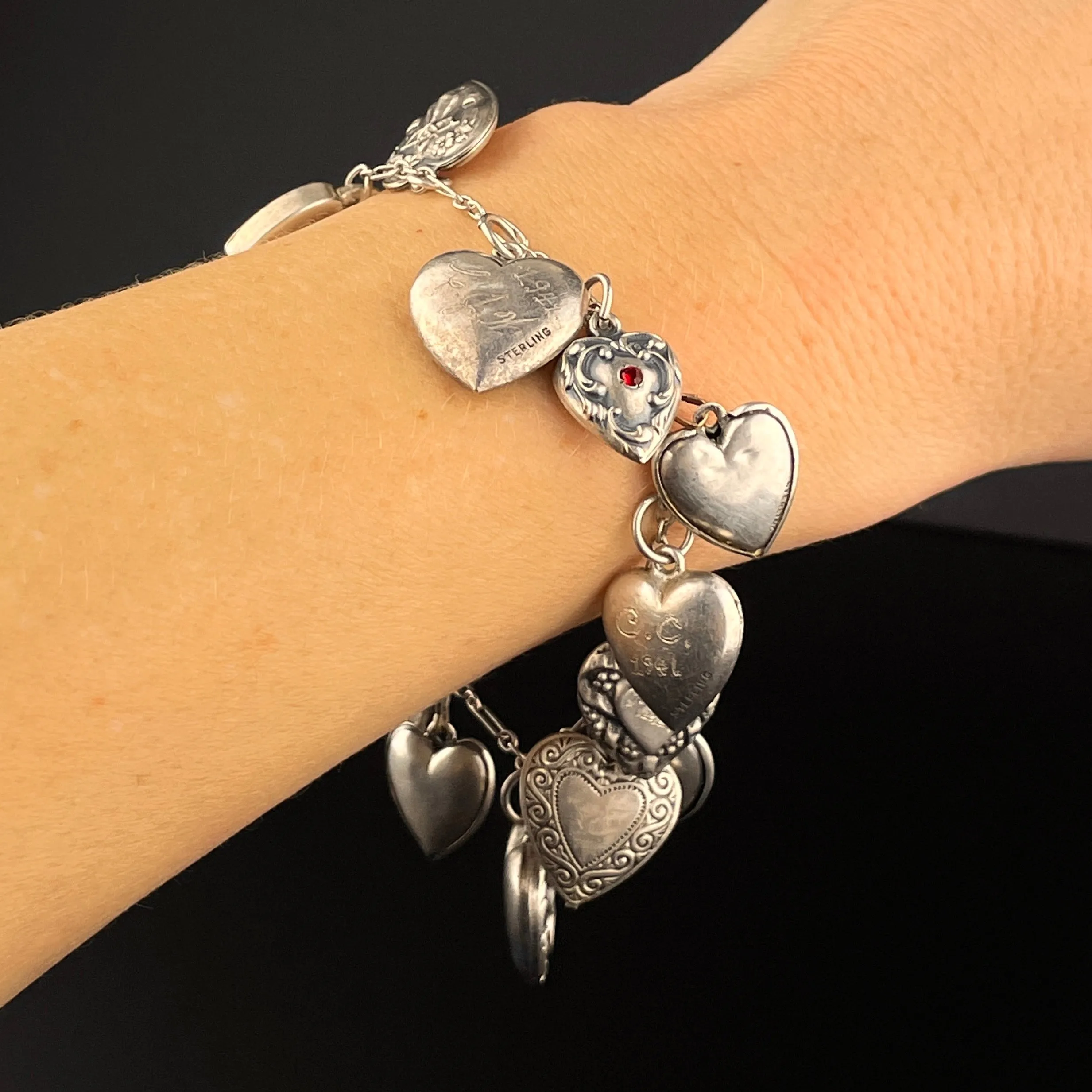 Art Deco Sterling Silver Puffy Heart Charm Bracelet