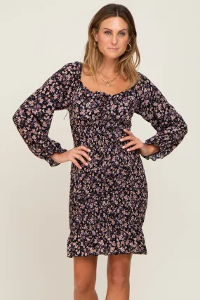 Black Floral Print Long Sleeve Smocked Dress