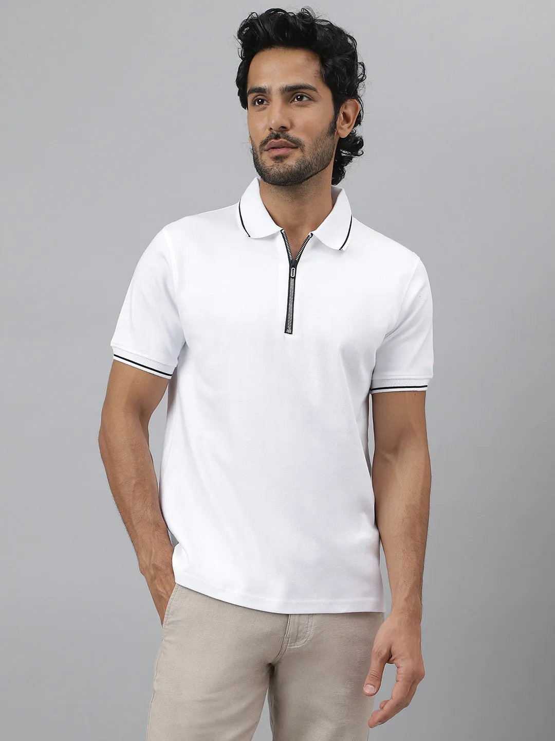 Black Tipping Polo Collar Pure Cotton White T-shirt- Diverge