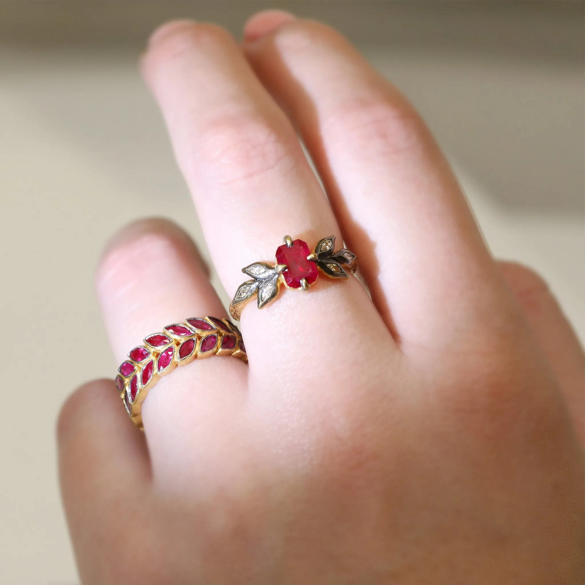 Blackened 22K Gold Ruby Laurel Ring