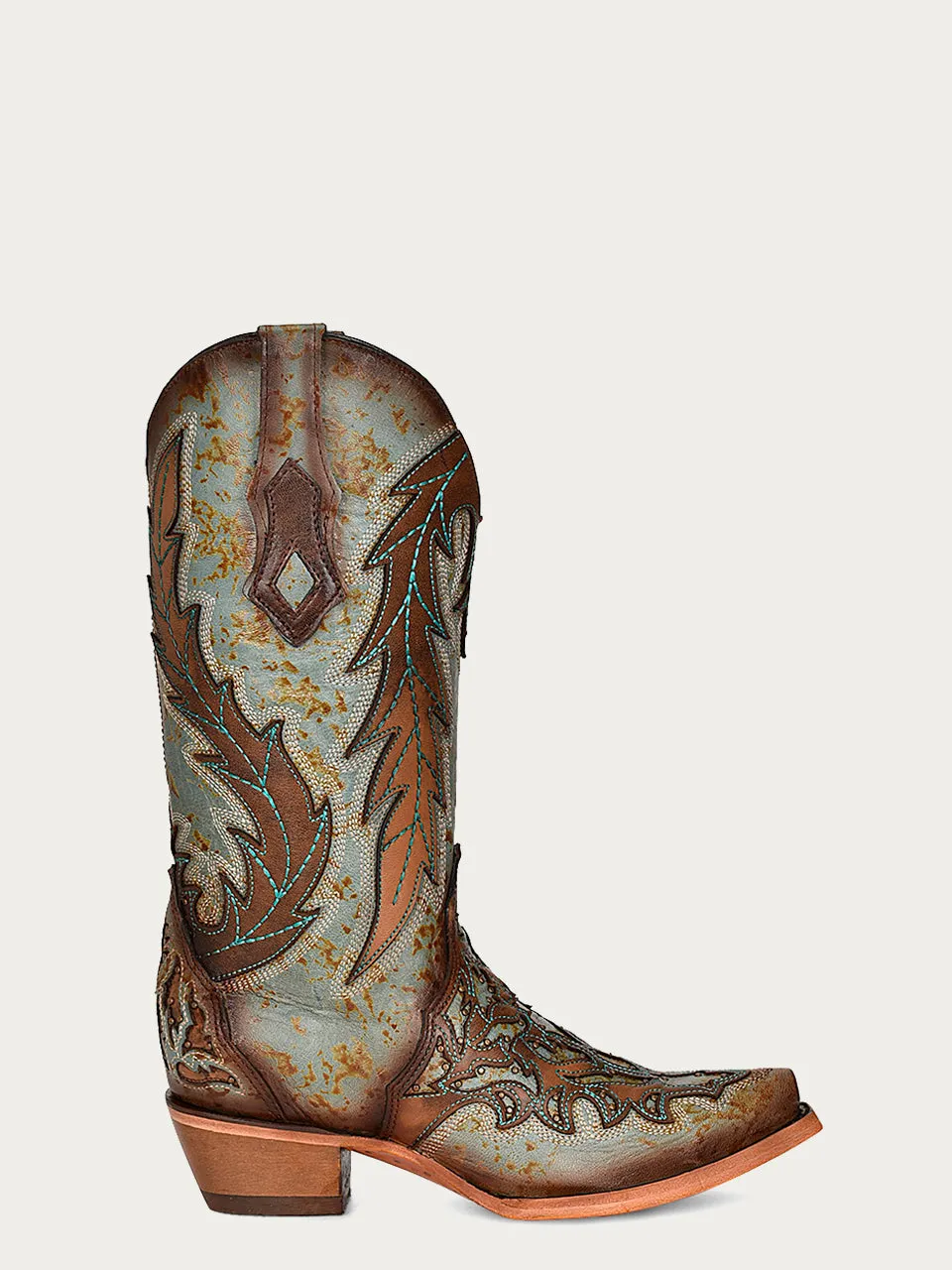 C3976 - WOMEN'S TURQUOISE EMBROIDERY BROWN OVERLAY AND STUDS SNIP TOE COWBOY BOOT