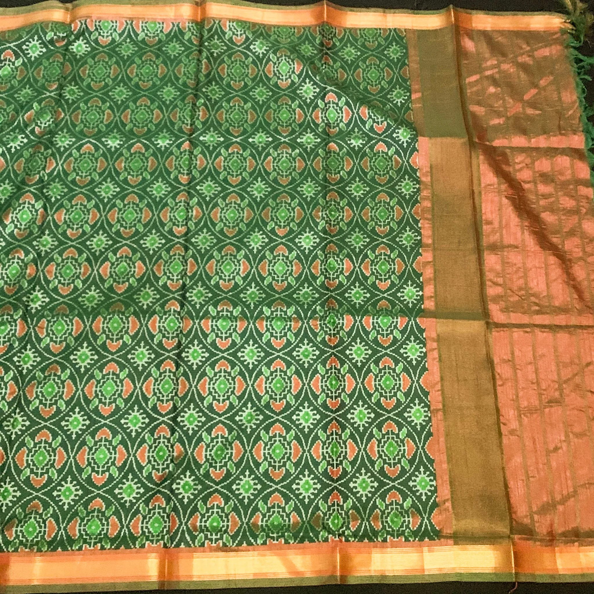 Captivating Green Pochampalli Ikkat silk Duppatta with mustard zari Border