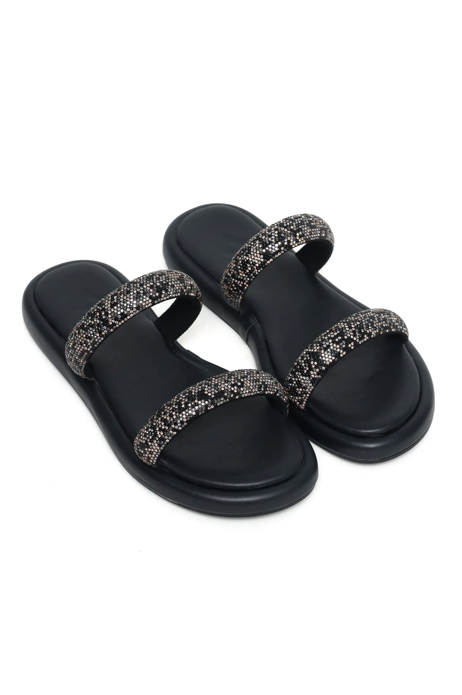 DAZZLING DOUBLE STRAP SLIDES-BLACK