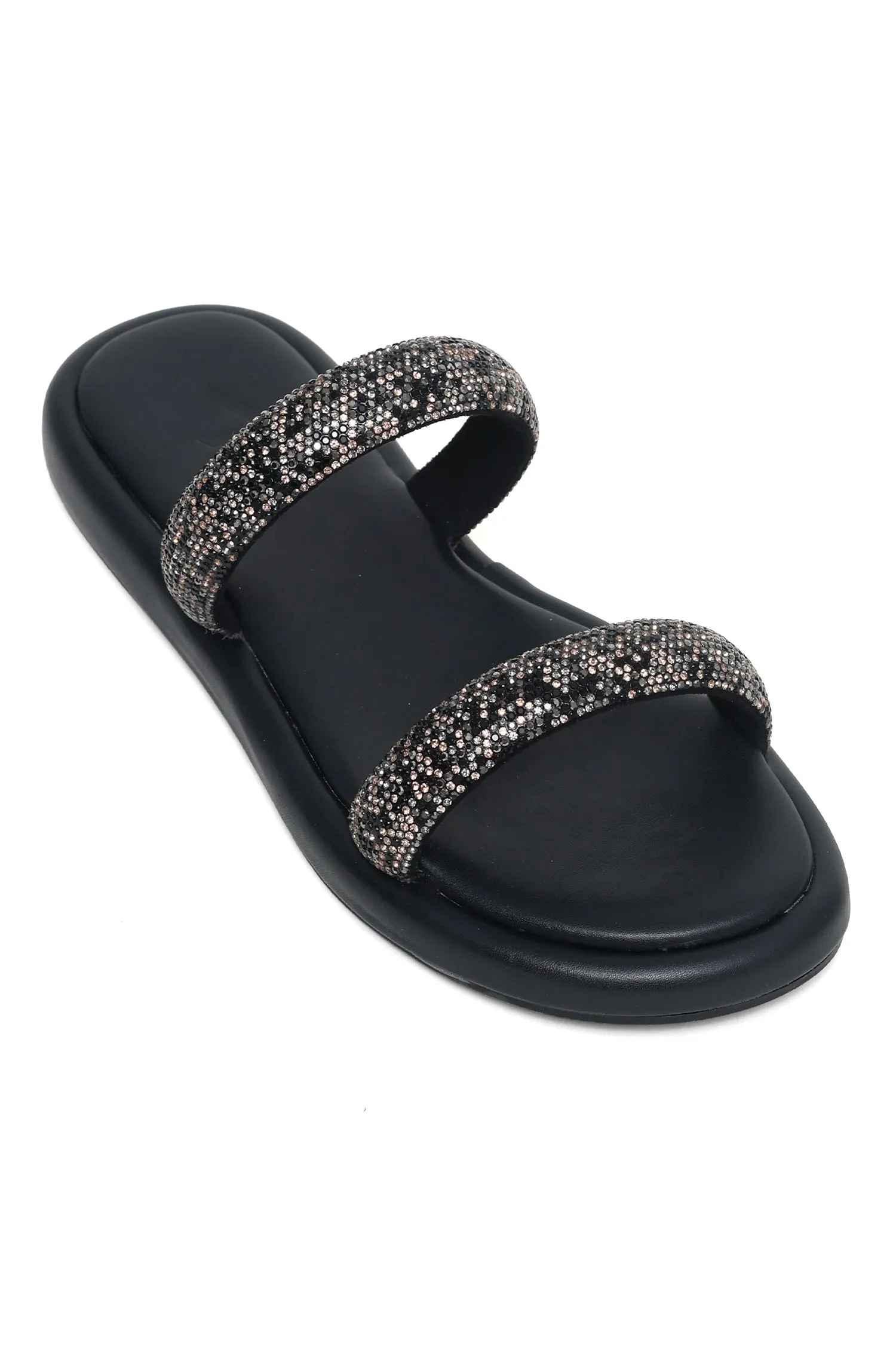 DAZZLING DOUBLE STRAP SLIDES-BLACK