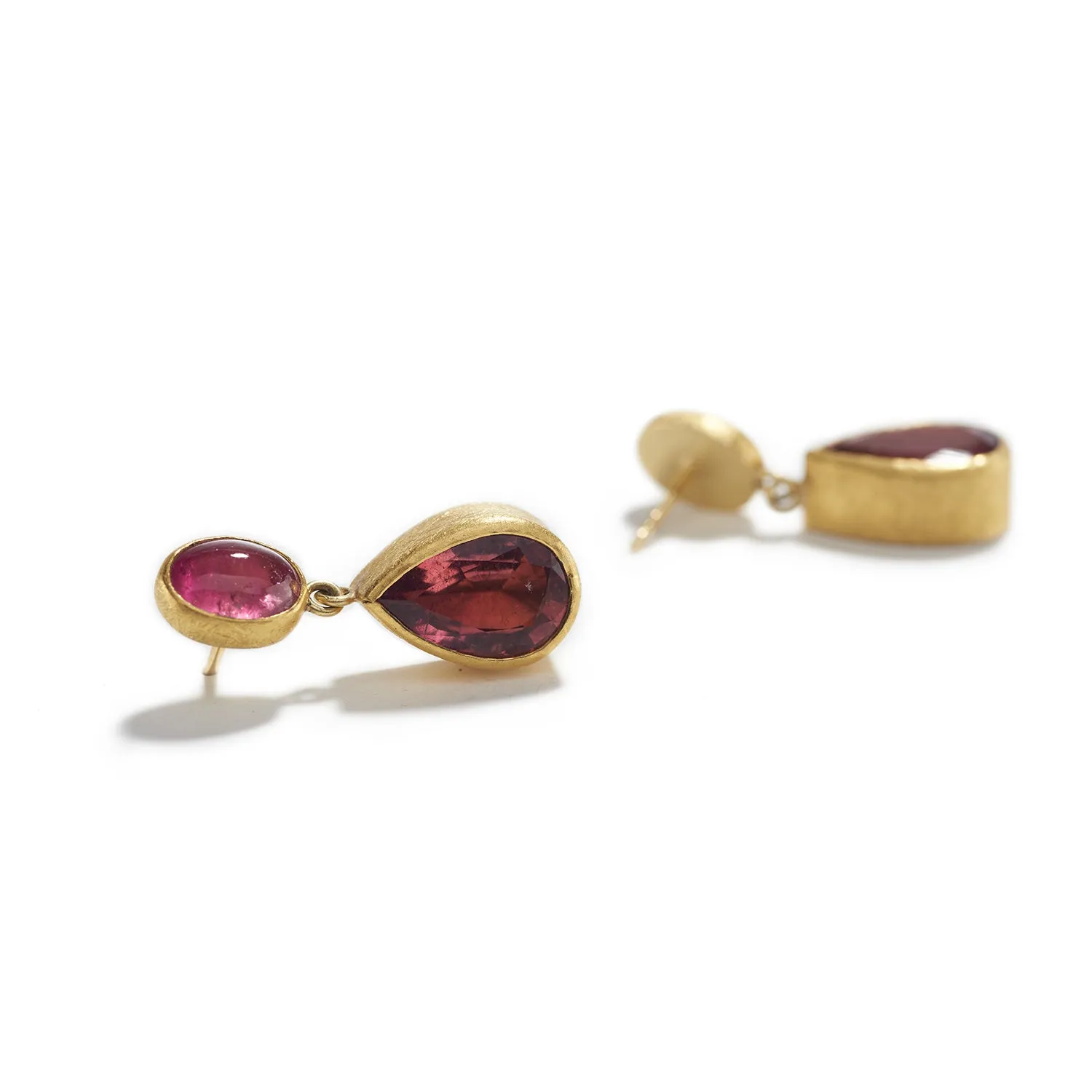 Deep Pink Tourmaline in Gold Earrings