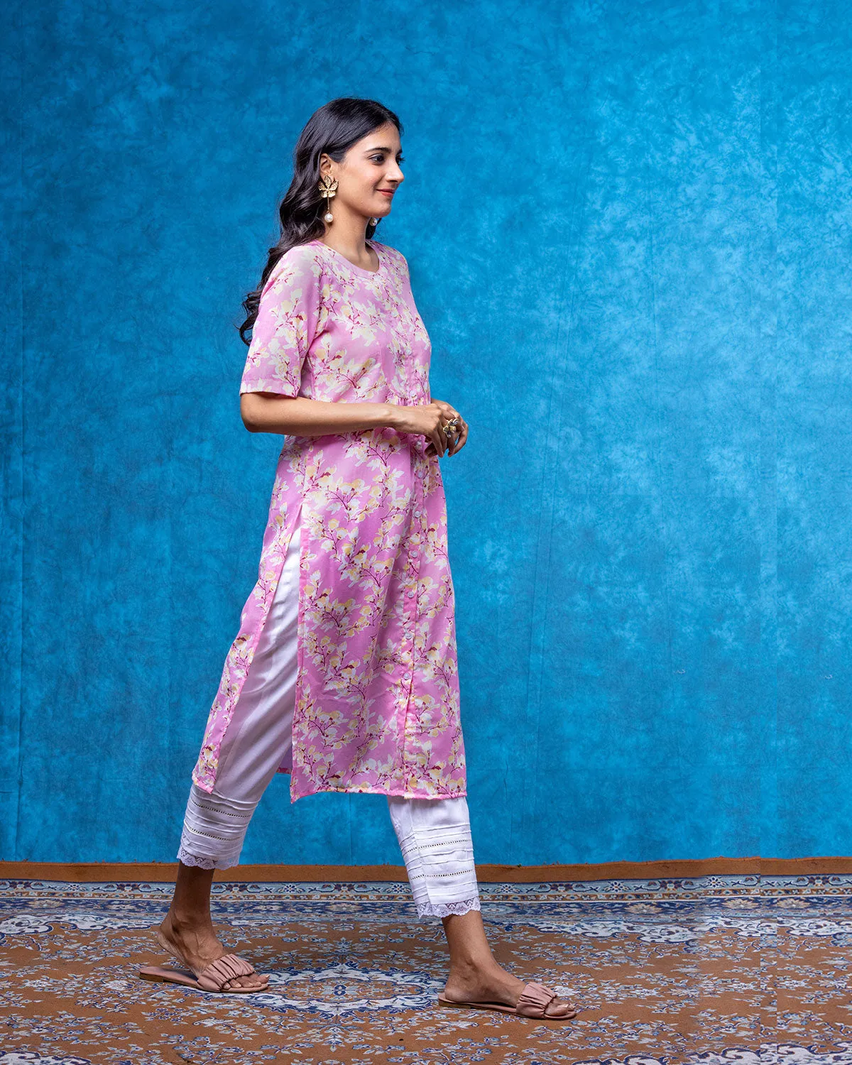 Dreamy Floral Pink Front Open Straight Kurta