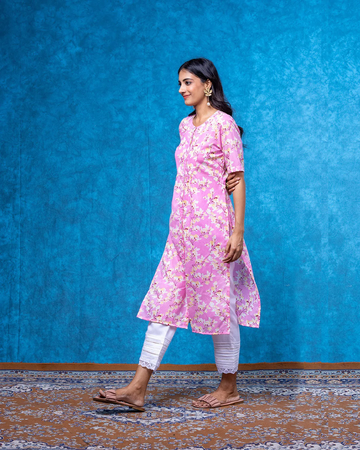 Dreamy Floral Pink Front Open Straight Kurta