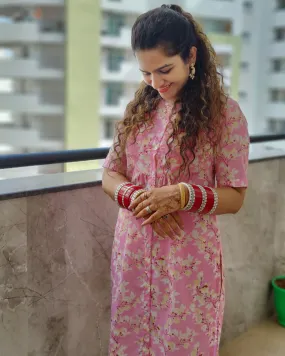 Dreamy Floral Pink Front Open Straight Kurta