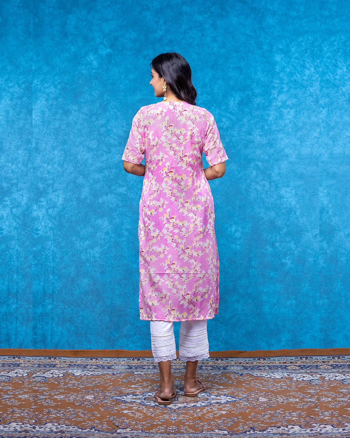 Dreamy Floral Pink Front Open Straight Kurta