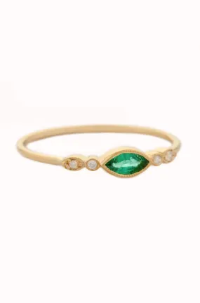 Emerald Marquise & Diamond Eyes Ring- 14k Yellow Gold