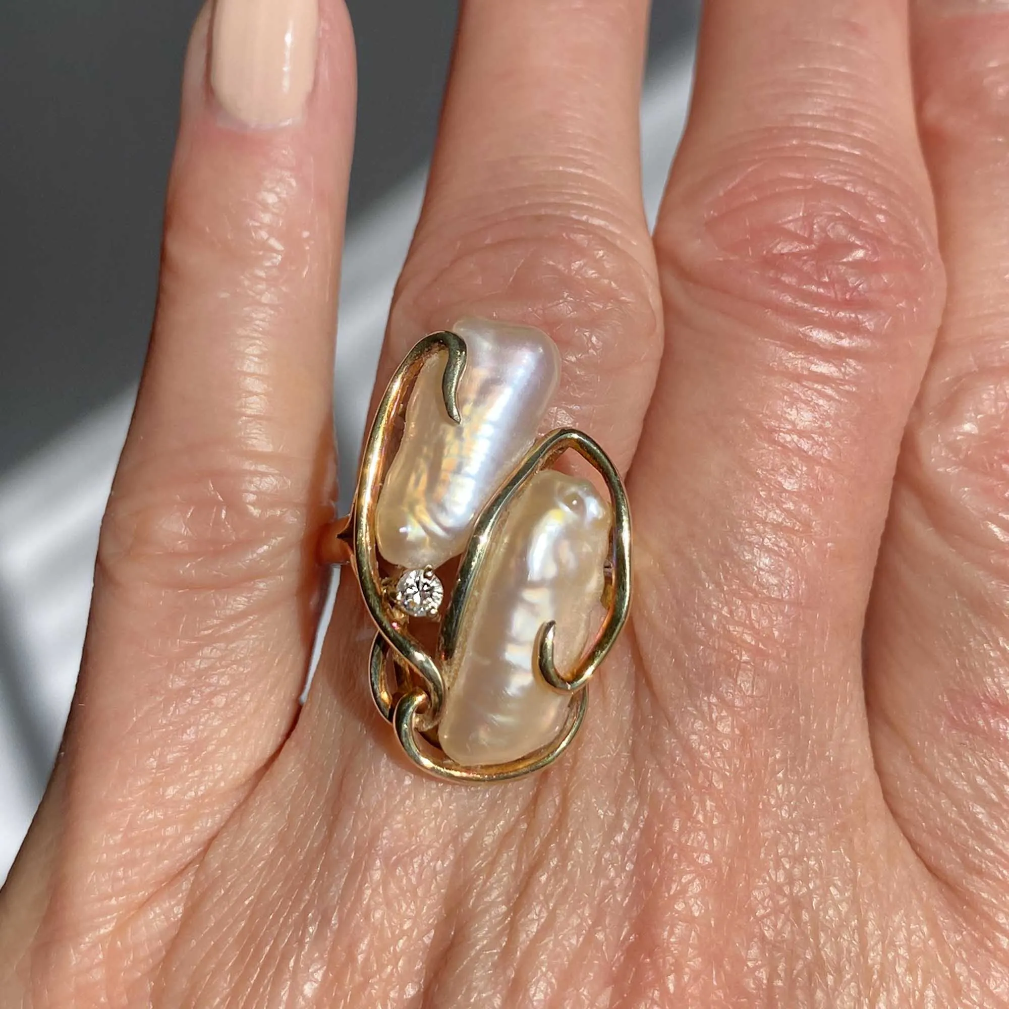 Free Form Diamond Baroque Pearl Ring in 14K Gold