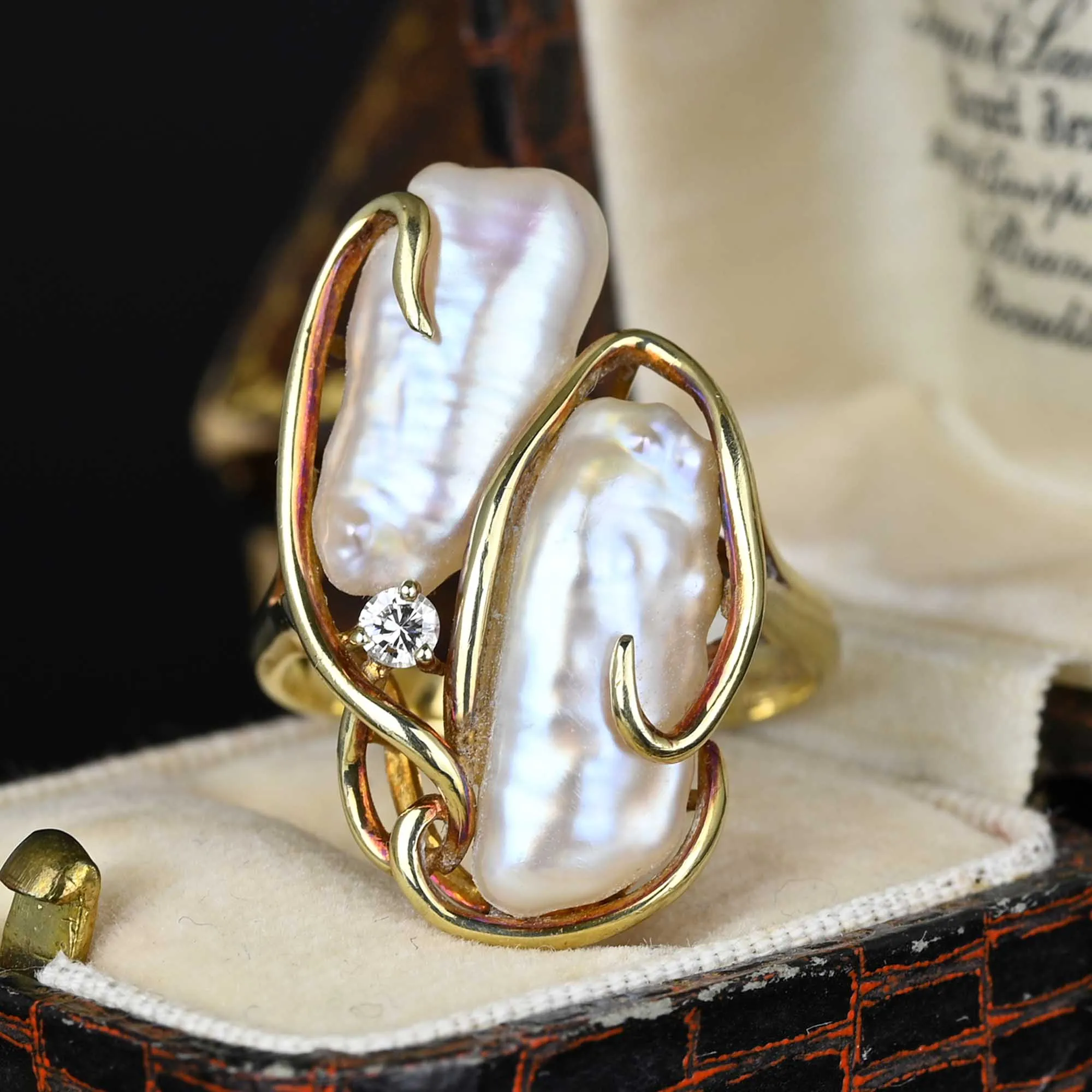 Free Form Diamond Baroque Pearl Ring in 14K Gold