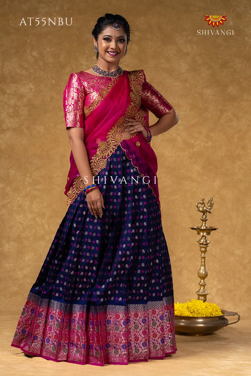 Girls Navy Blue Floral Bandhini Half Saree | Langa Davani