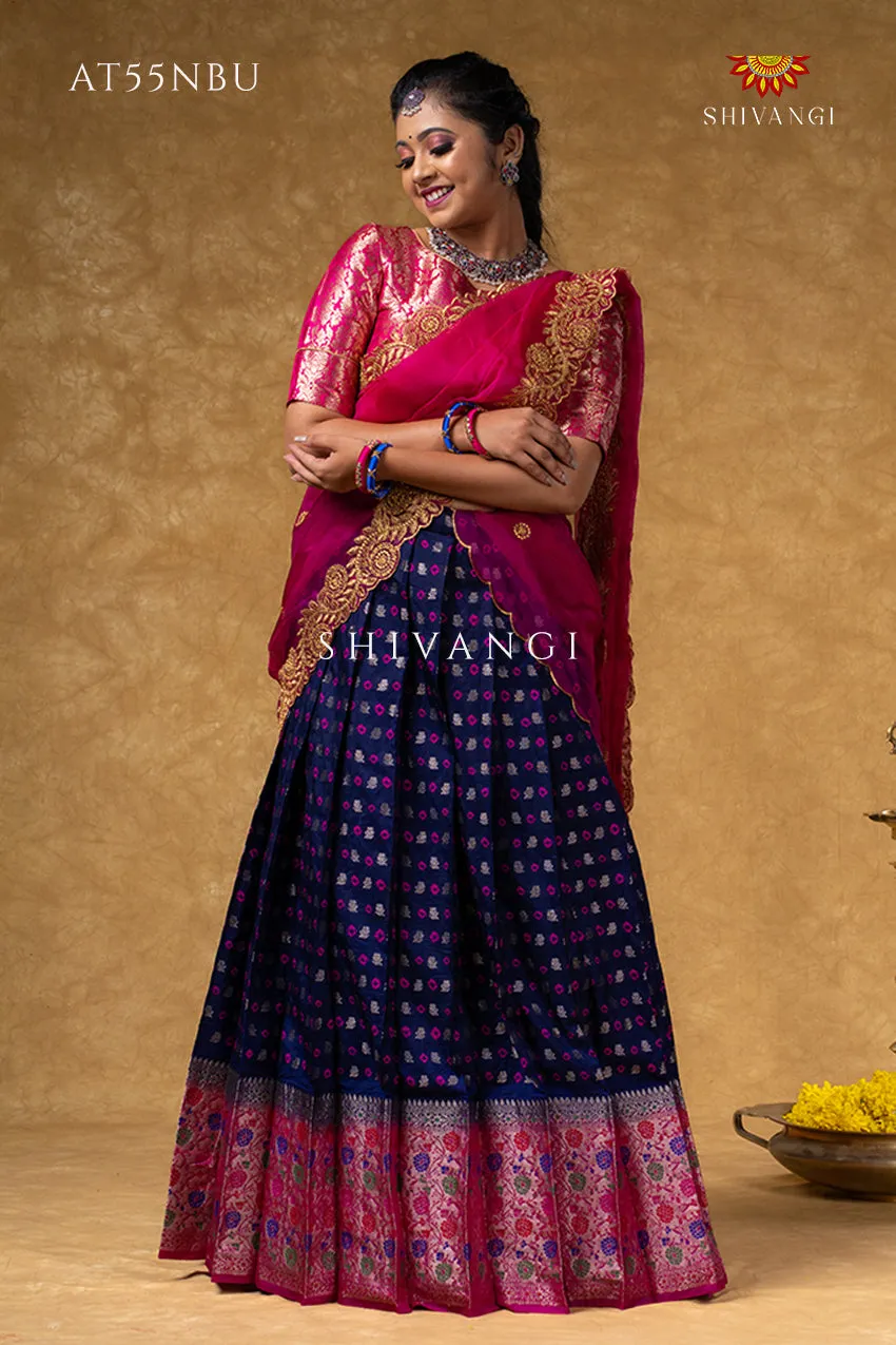 Girls Navy Blue Floral Bandhini Half Saree | Langa Davani