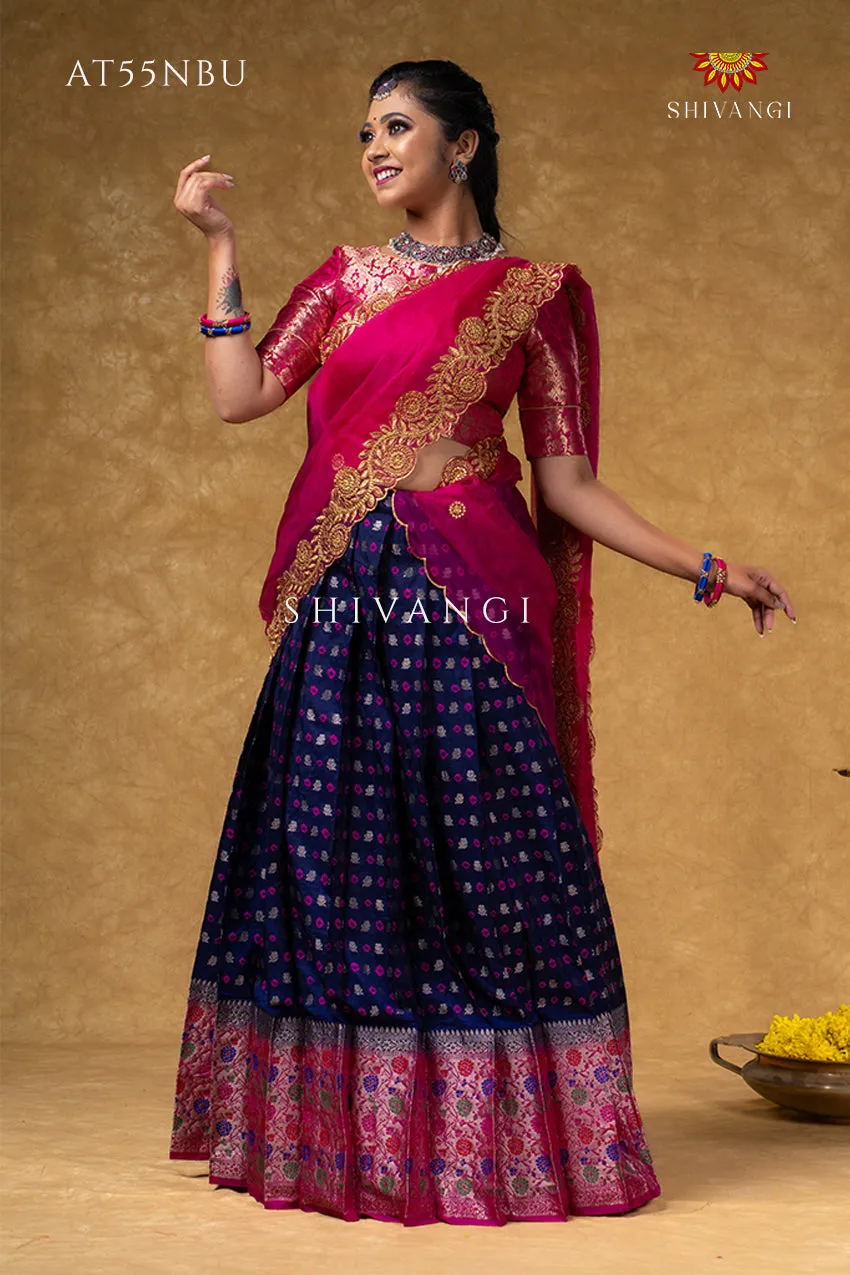 Girls Navy Blue Floral Bandhini Half Saree | Langa Davani