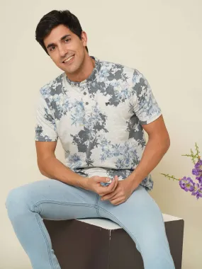 Grey/Blue Floral Henley Neck T Shirt