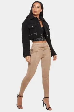 Khaki Suede High Waisted Buckle Pant