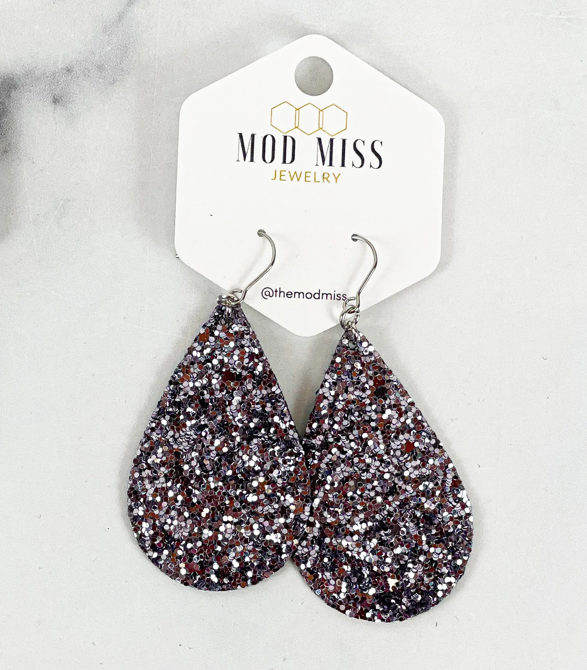 Leather Canvas Teardrop Earring Glitter Gunmetal