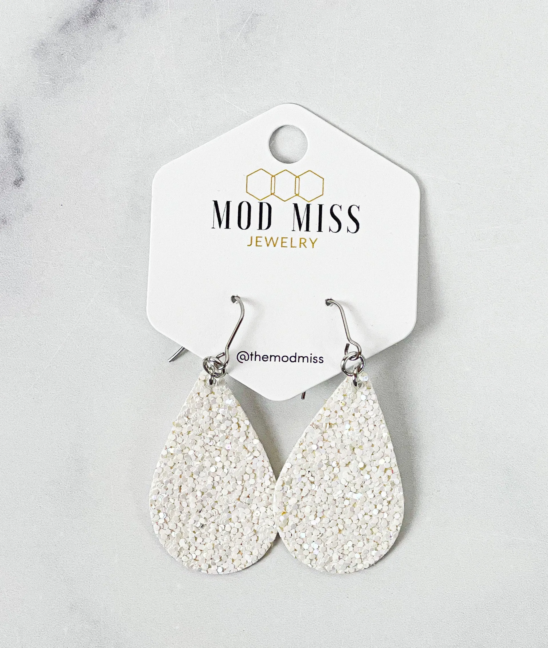 Leather Canvas Teardrop Earring Glitter White