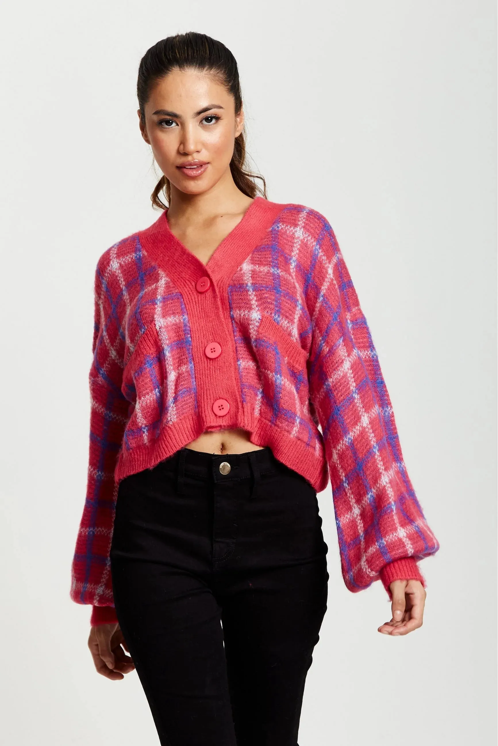 Liquorish Check V-neck Button Down Cardigan In Pink