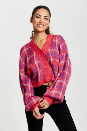 Liquorish Check V-neck Button Down Cardigan In Pink