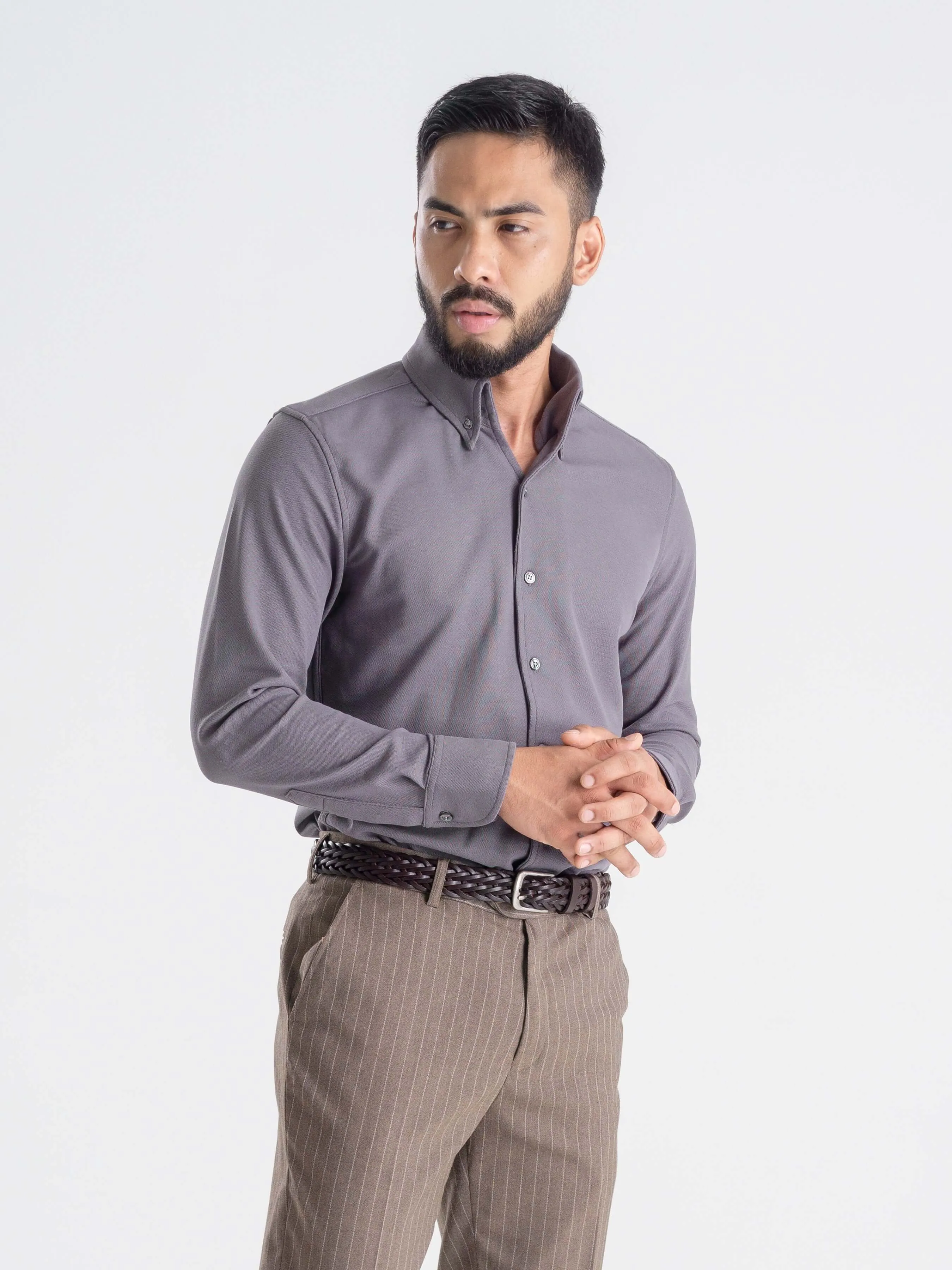 Long Sleeve Polo Shirt - Smokey Grey Button Down