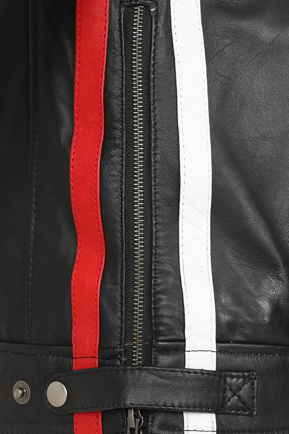 Men's Black Real Leather Racing Style Jacket with Stripes - 'FRANK'