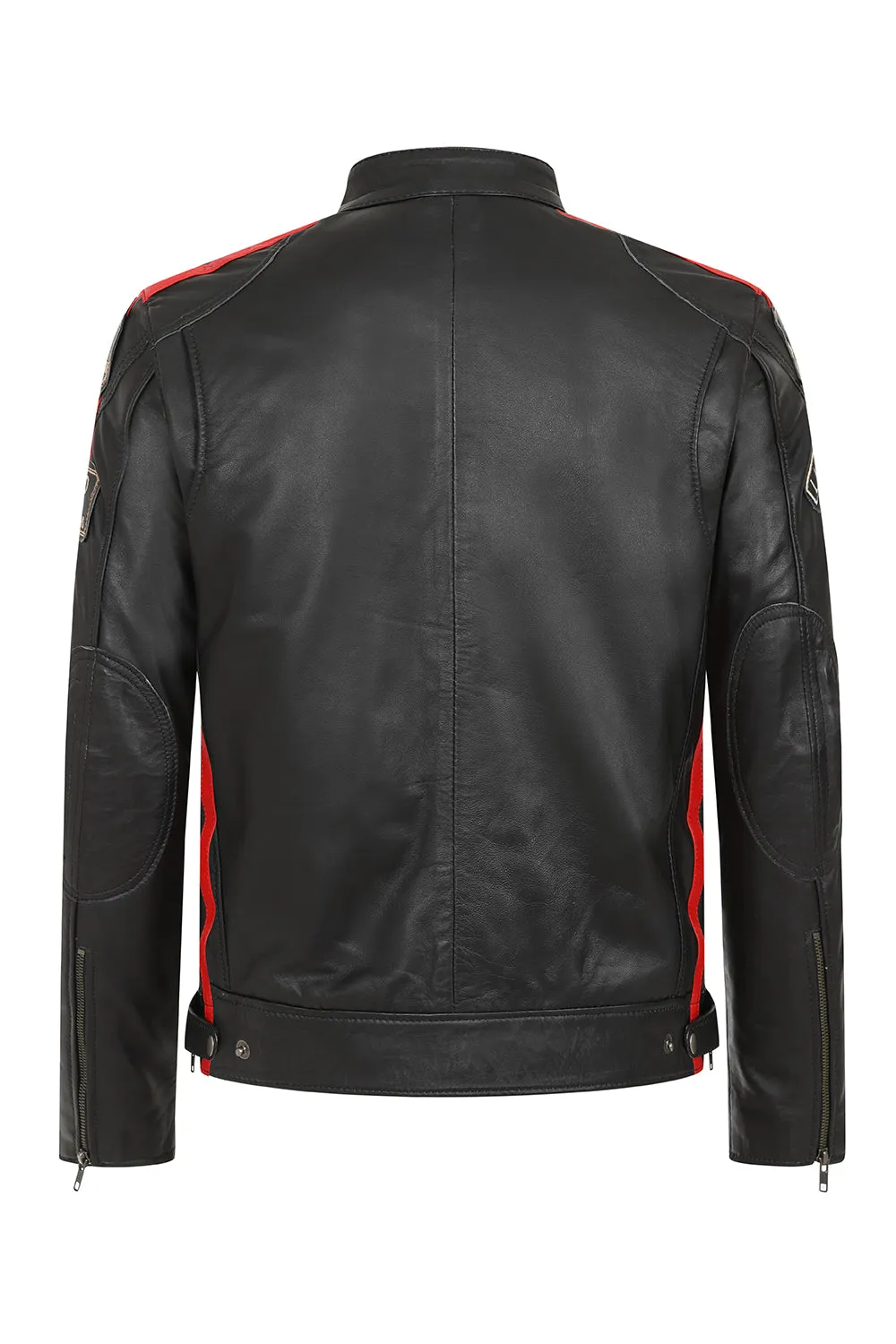 Men's Black Real Leather Racing Style Jacket with Stripes - 'FRANK'