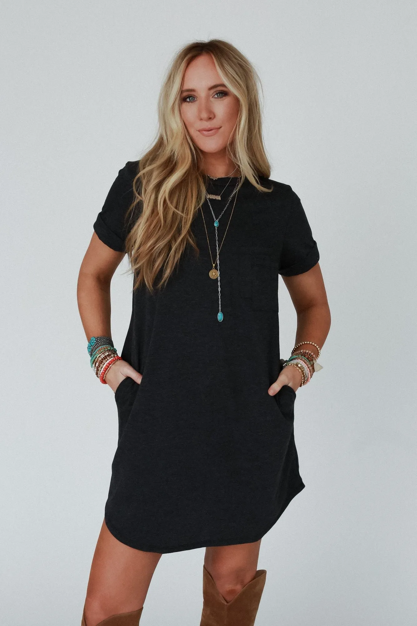 On The Daily Pocket Tee Dress - Charcoal 2Tone