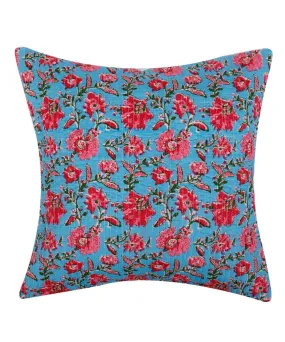 Red blue handblock floral cotton cushion cover