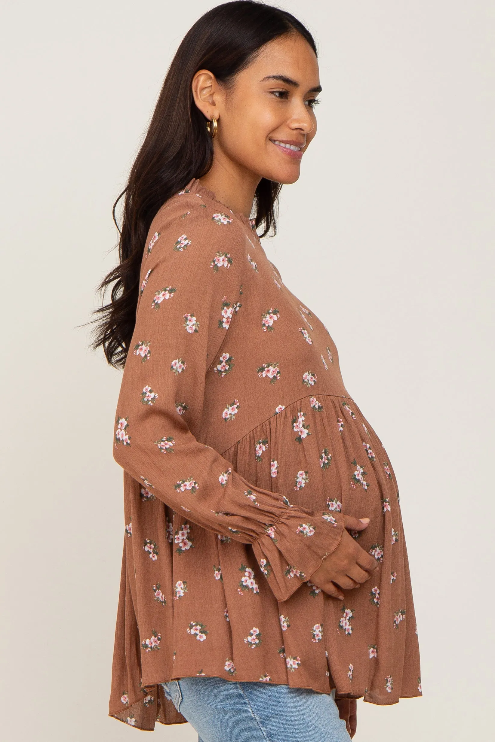 Rust Floral Ruffle Accent Maternity Babydoll Top