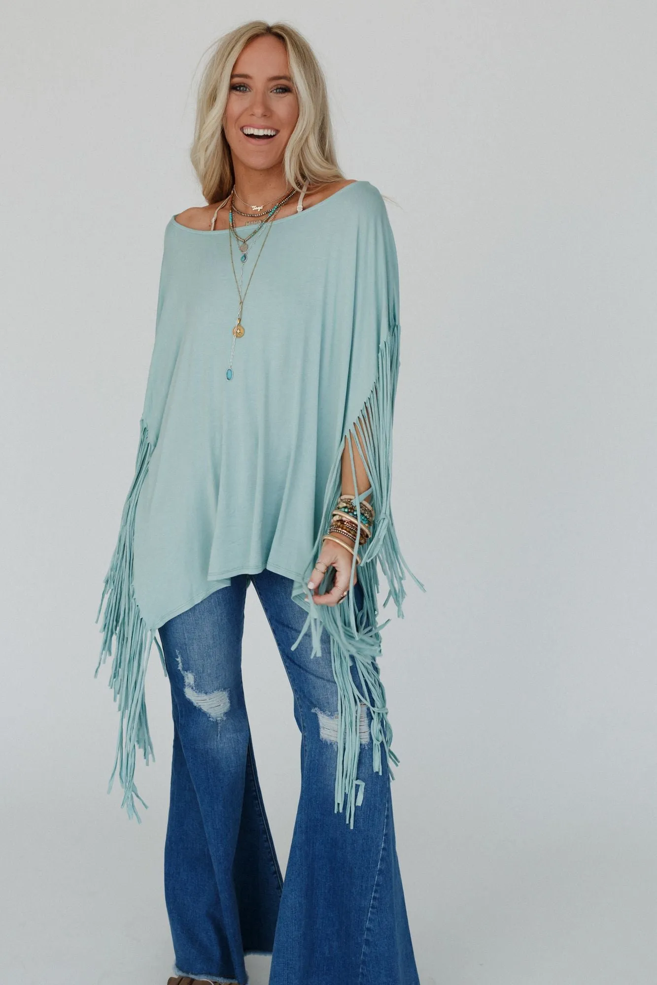 Showstopper Fringe Top - Washed Seafoam