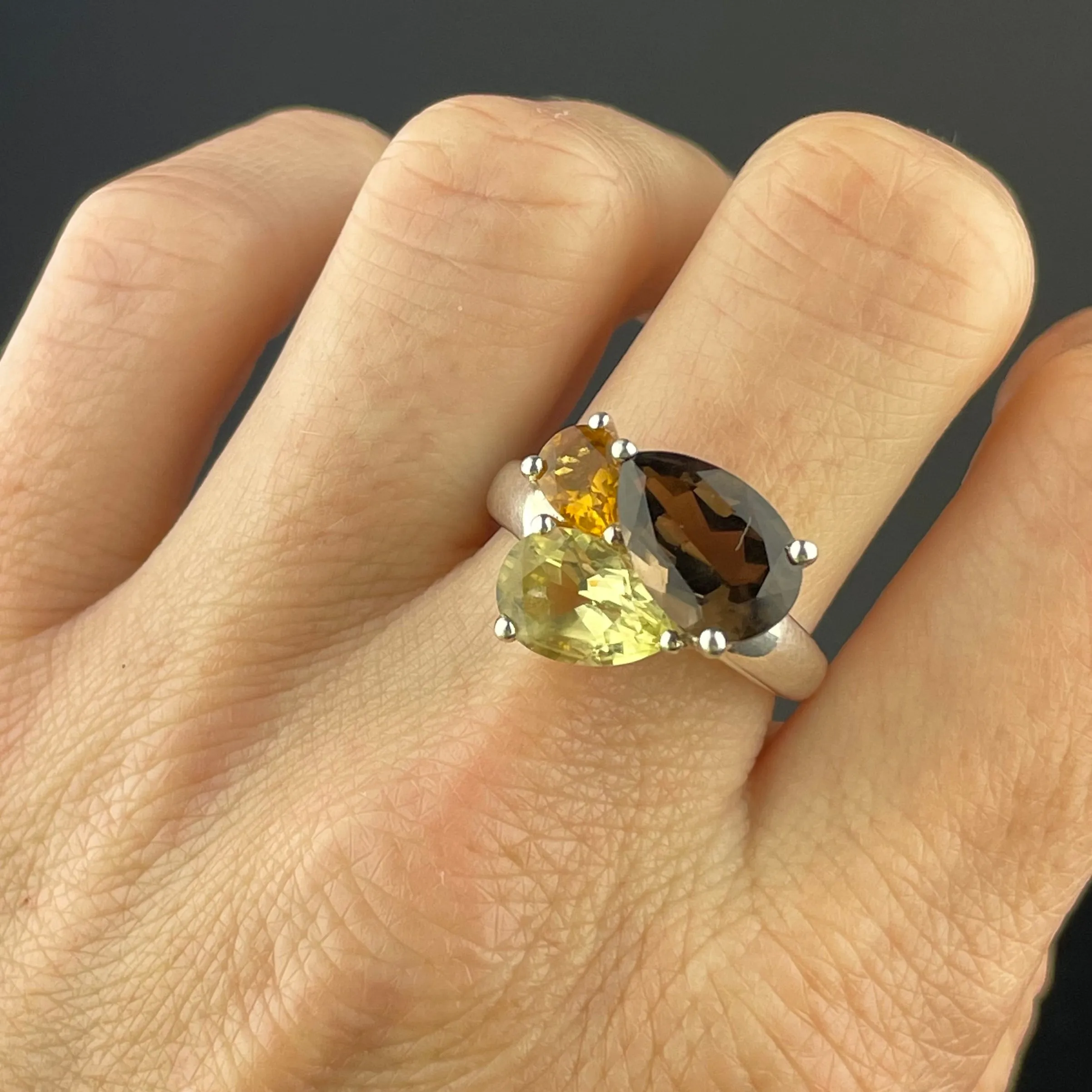 Silver Peridot Smoky Quartz Citrine Dinner Ring