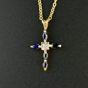 Vintage 10K Gold Diamond Blue Sapphire Cross Pendant Necklace