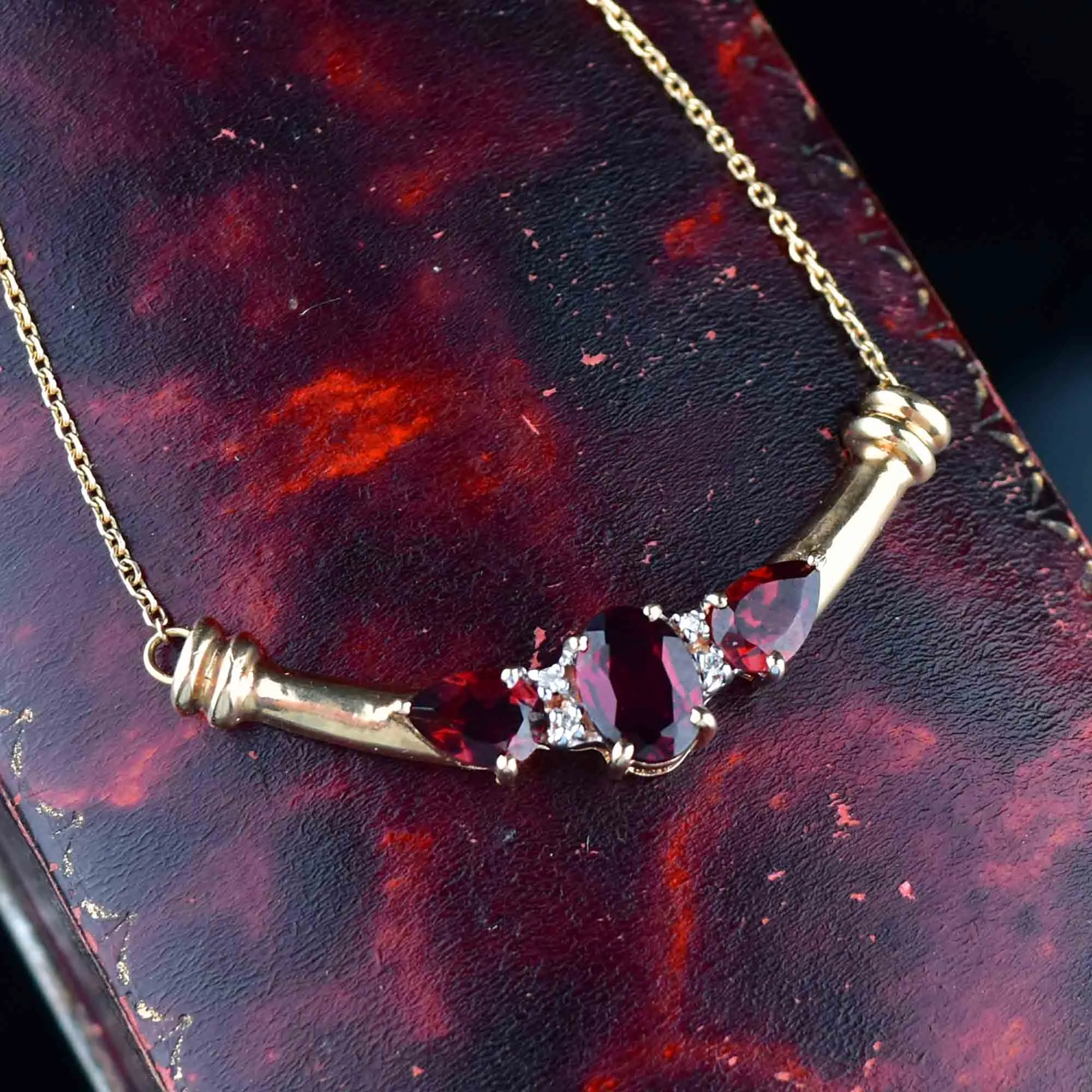 Vintage 10K Gold Garnet Diamond Bar Pendant Necklace