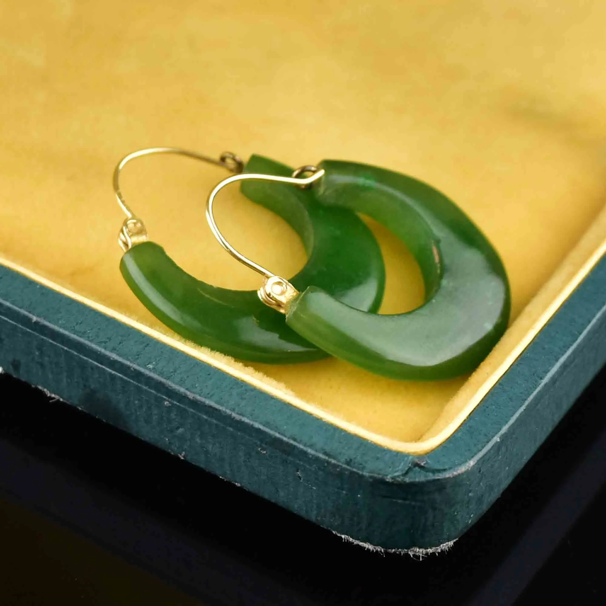 Vintage 14K Gold Carved Jade Hoop Earrings